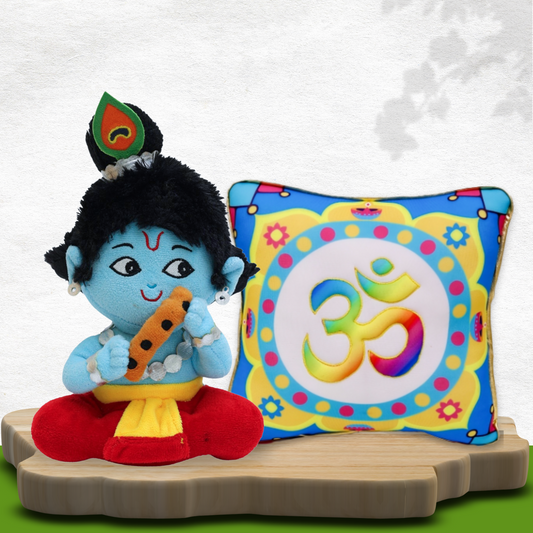 Small Baby Krishna & Universal Mantra Chanting Plush Pillow Combo
