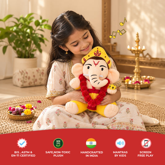 Mantra Chanting Baby Ganesha (Medium) & Fragrant Rose Plush Mala Combo