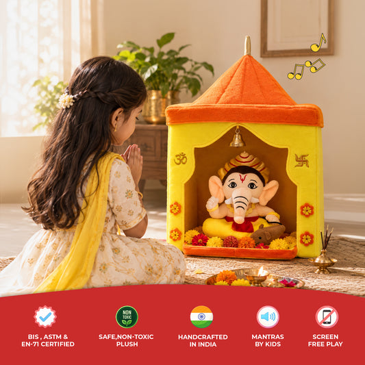 Plush Mandir & Mantra Chanting Baby Ganesha (Small) Combo