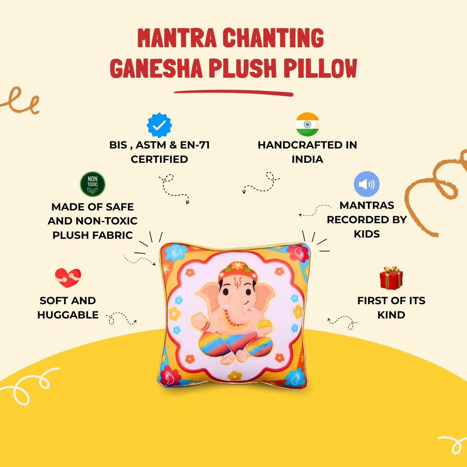 Ganesha Mantra Chanting Plush Pillow Feature