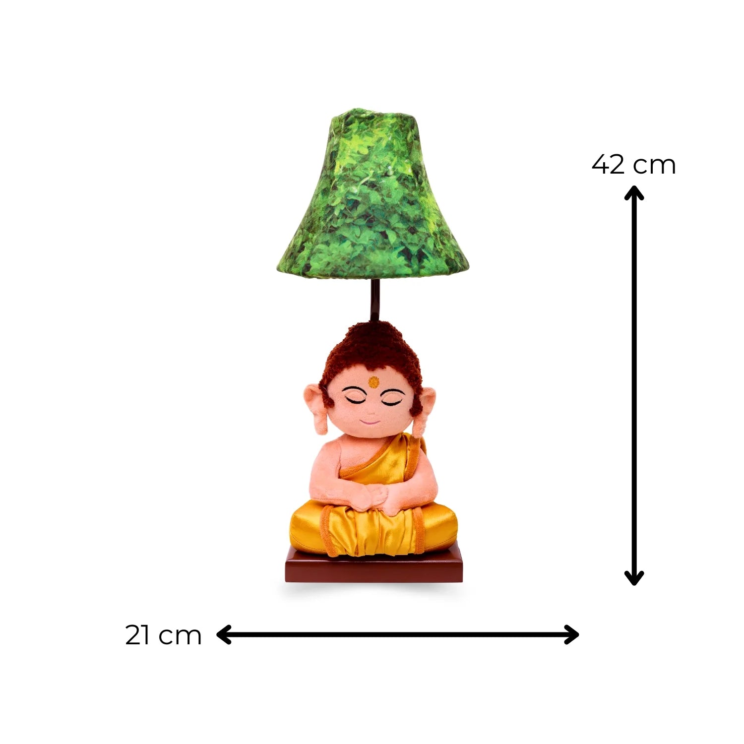 Buddha statue with a green lampshade and measurements on a white background