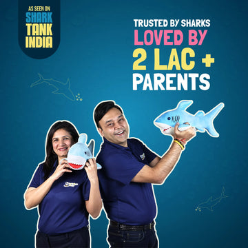 Two people holding shark toys with text about being trusted by sharks and loved by parents on a blue background.