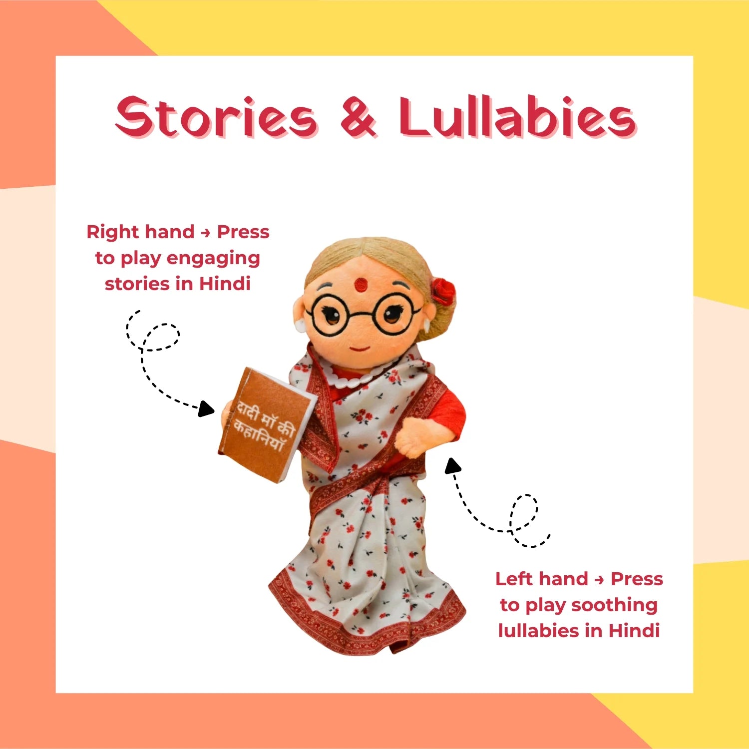 Plush grandmother toy demonstrating buttons to play Hindi stories and lullabies, labeled “Stories & Lullabies.