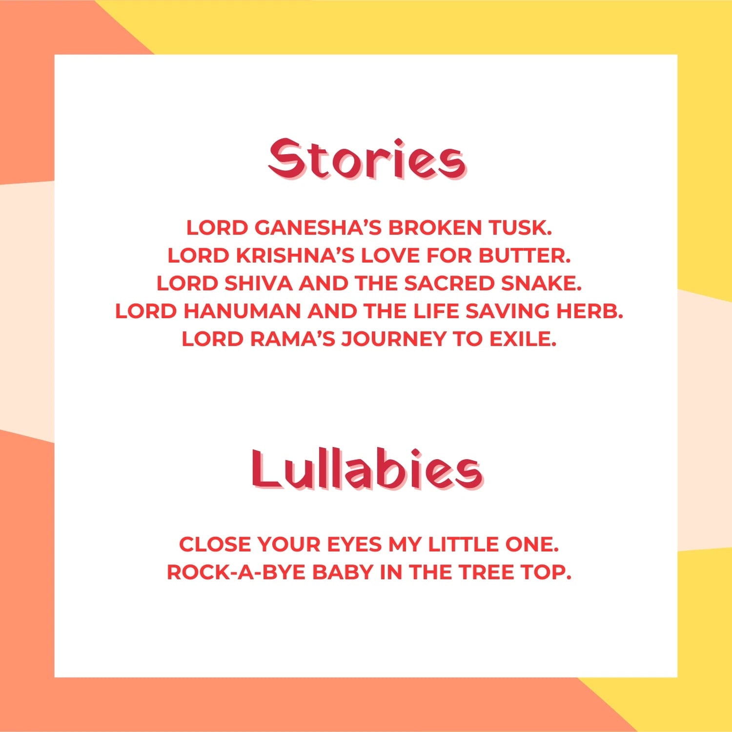 Poster showing a list of stories and lullabies for children.