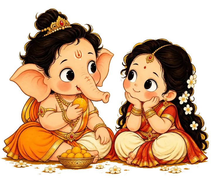 Baby Ganesha and Lakshmi sharing laddoos