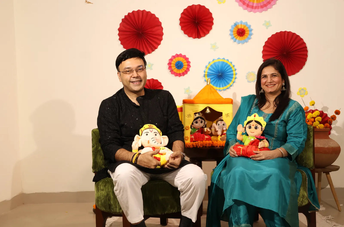 A family celebrating Diwali with Panda's Box plushies