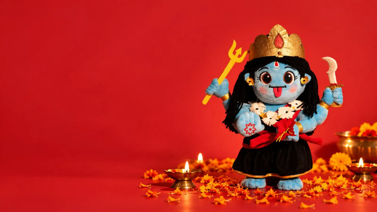Mantra Chanting Kali Maa plushie among diyas and marigold petals